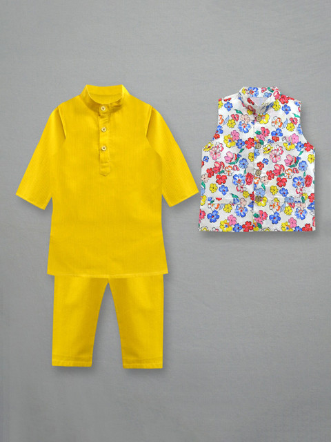 

A T U N Boys Yellow Dyed Angrakha Pure Cotton Kurta & Pyjamas with Nehru Jacket