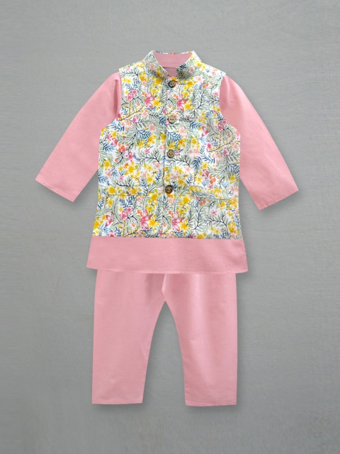 

A T U N Boys Pink Floral Printed Layered Pure Cotton Kurta & Churidar With Nehru Jacket