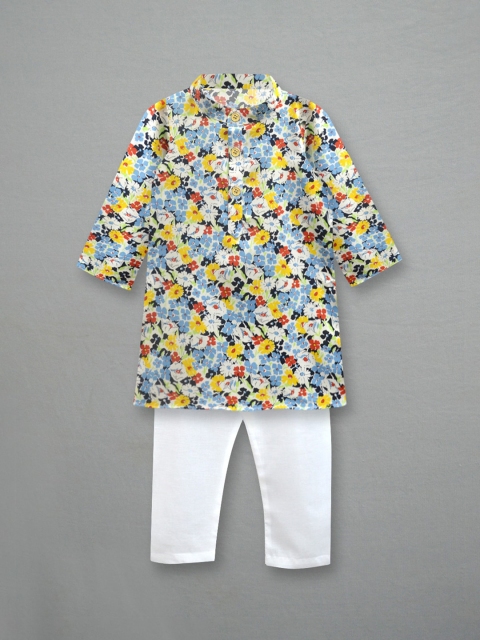 

A T U N Boys Blue & Yellow Floral Printed Pure Cotton Kurta with Pyjamas