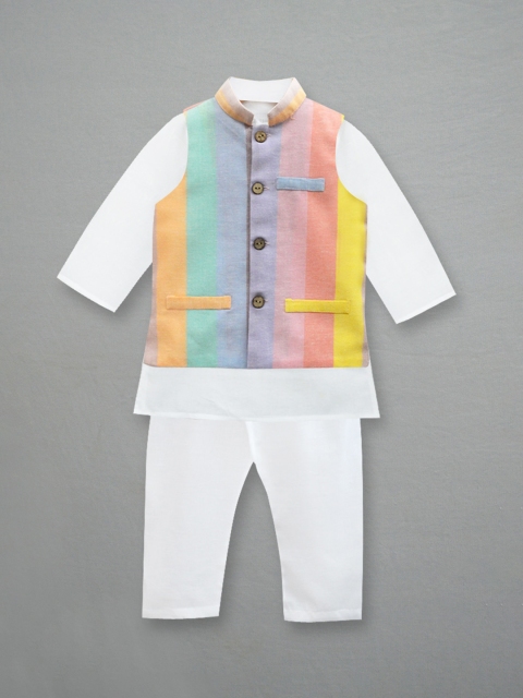 

A.T.U.N. Boys White Pure Cotton Kurta with Pyjamas & Nehru Jacket