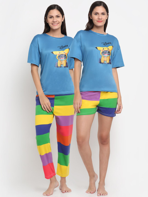 

KLOTTHE Women 3 Piece Blue & Yellow Printed Night suits