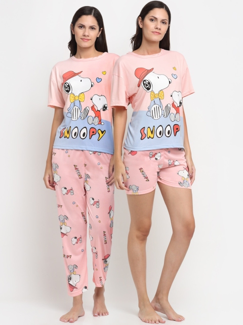

KLOTTHE Women Peach-Coloured & White 3 Piece Printed Night suit