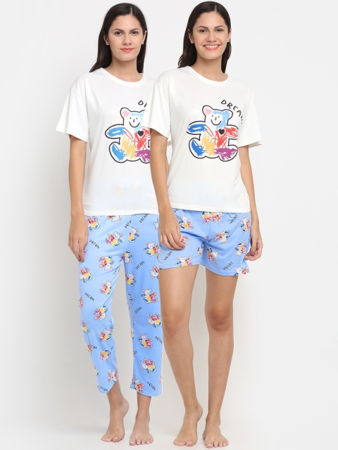 

KLOTTHE Women White & Blue 3 Piece Cartoon Character Printed Night suits