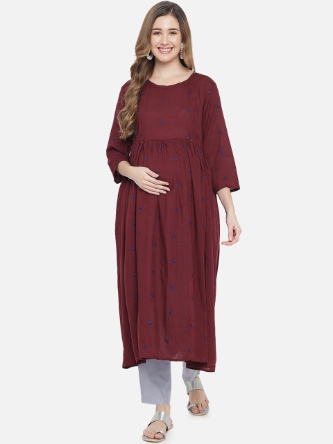 

Aujjessa Women Brown Embroidered Maternity Kurta