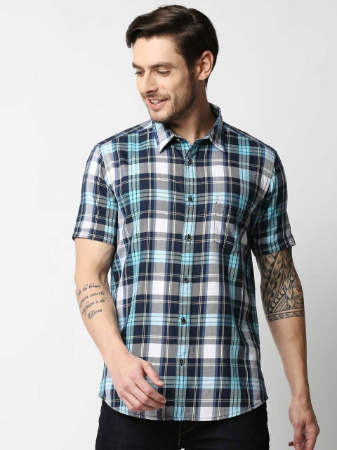 

Pepe Jeans Men Blue & WhiteTartan Checks Checked Twill Cotton Casual Shirt
