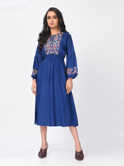 

Fashion FRICKS Blue Ethnic Motifs Embroidered Midi Dress