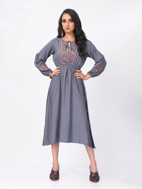

Fashion FRICKS Grey Embroidered Tie-Up Neck Midi Dress