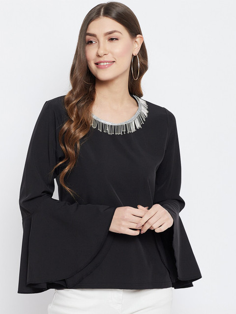 

PRINCINN MEYER Black Solid Bell Sleeves Top With Embellished Neck Detail