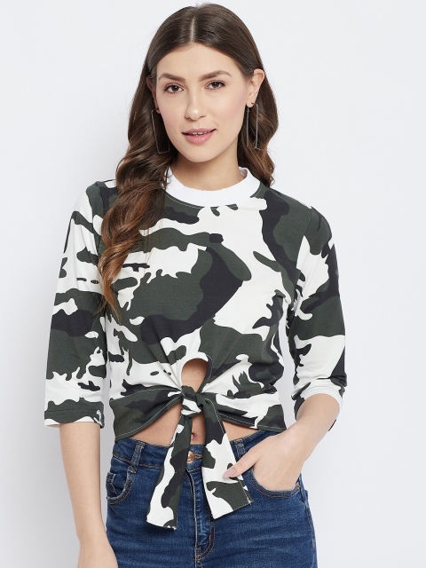 

PRINCINN MEYER Olive Green & White Print Crop Top