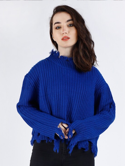 

NoBarr Women Blue Ribbed Pullover Sweater