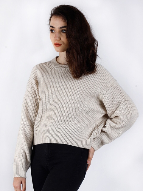 

NoBarr Women Cream Ribbed Sweater