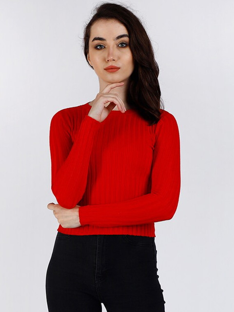 

NoBarr Women Red Solid Ribbed Pullover