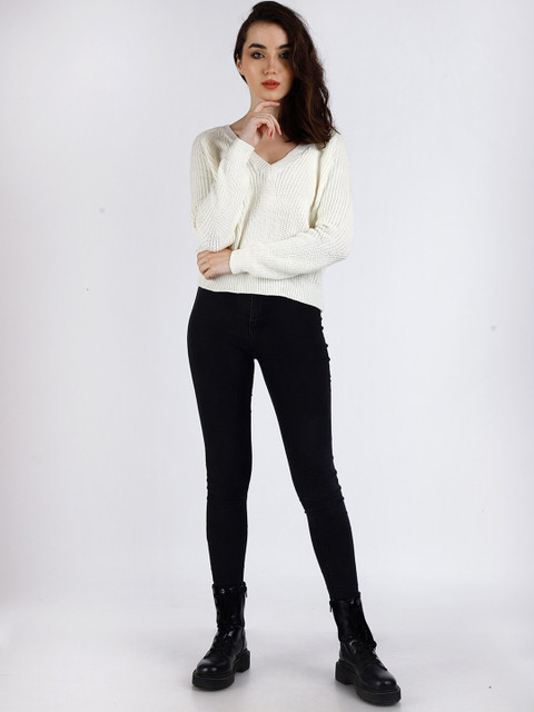 

NoBarr Women White Ribbed Sweater