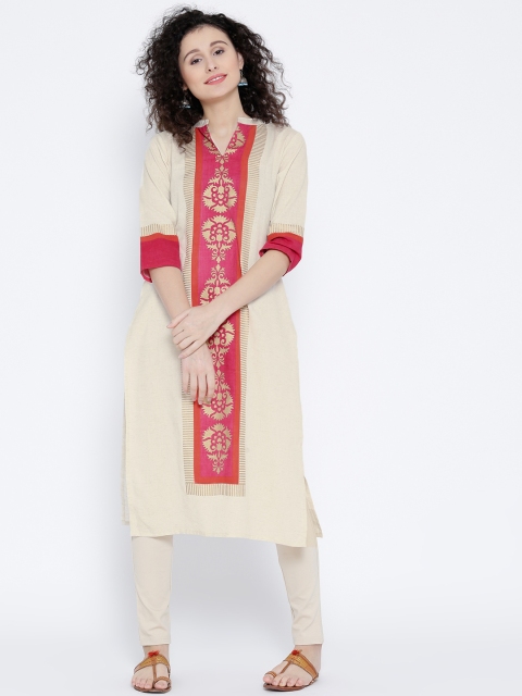 

Shree Women Off-White & Pink Printed Straight Kurta