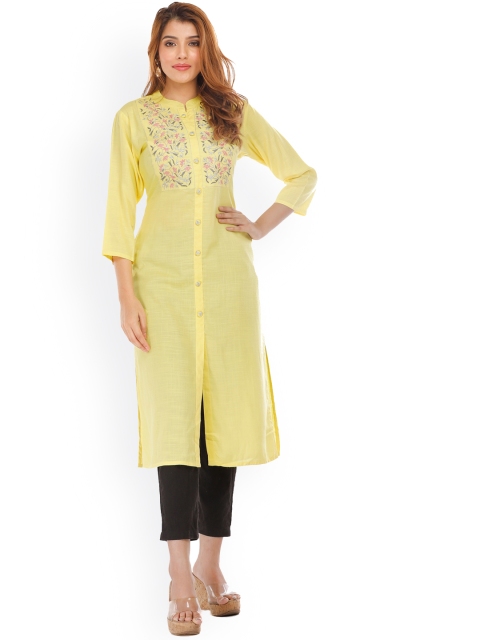

KALINI Women Yellow & chardonnay Embellished Thread Work Kurta