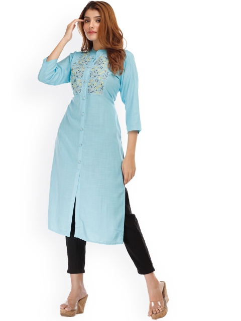 

KALINI Women Blue & baby blue Embroidered Flared Sleeves Thread Work Kurta