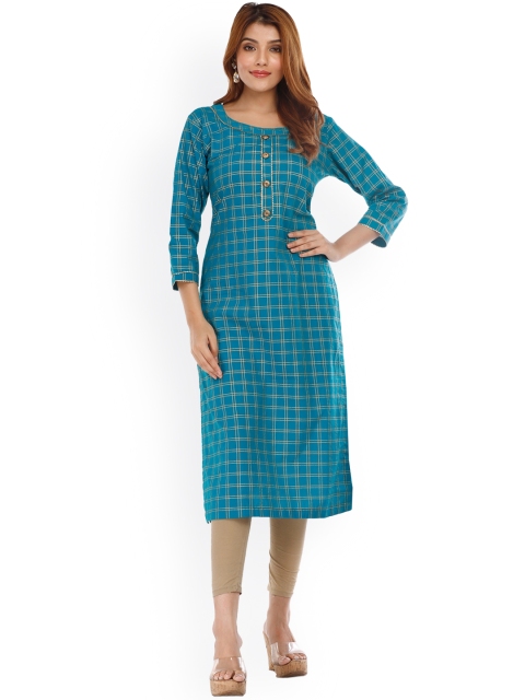 

KALINI Women Turquoise Blue Checked Thread Work Kurta