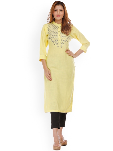 

KALINI Women Yellow & garden glade Yoke Design Thread Work Kurta