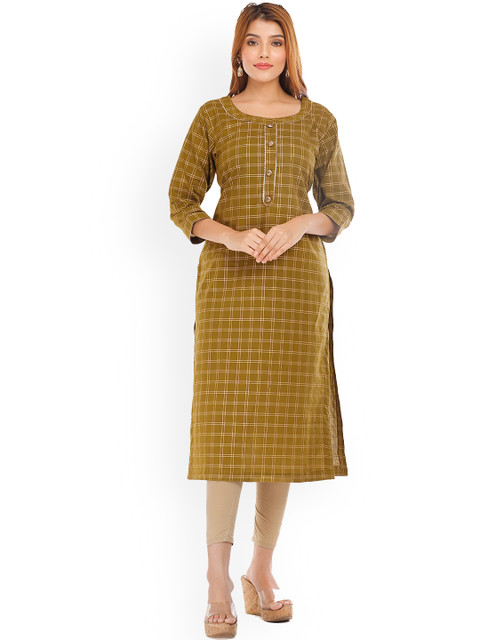 

KALINI Women Olive Green Checked Patchwork Kurta