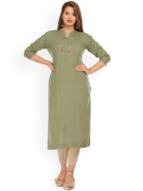 

KALINI Women Green Embroidered Flared Sleeves Thread Work Kaftan Kurta
