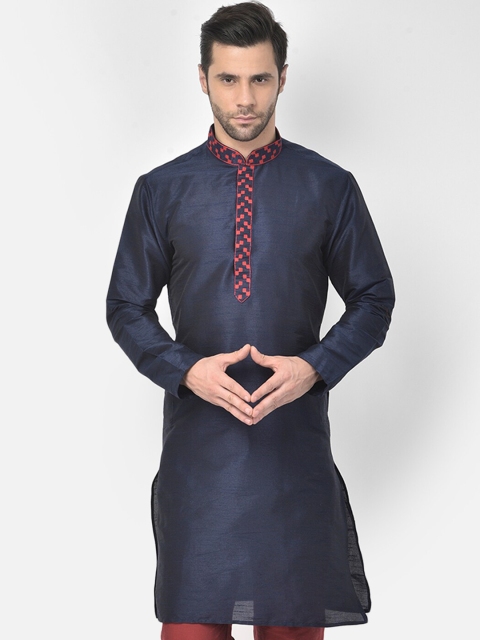 

DEYANN Men Navy Blue Ethnic Motifs Embroidered Dupion Silk Kurta with Trousers