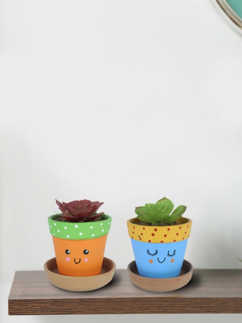 

Wonderland Set Of 2 Orange & Blue Smiley Terracotta Pot Planters