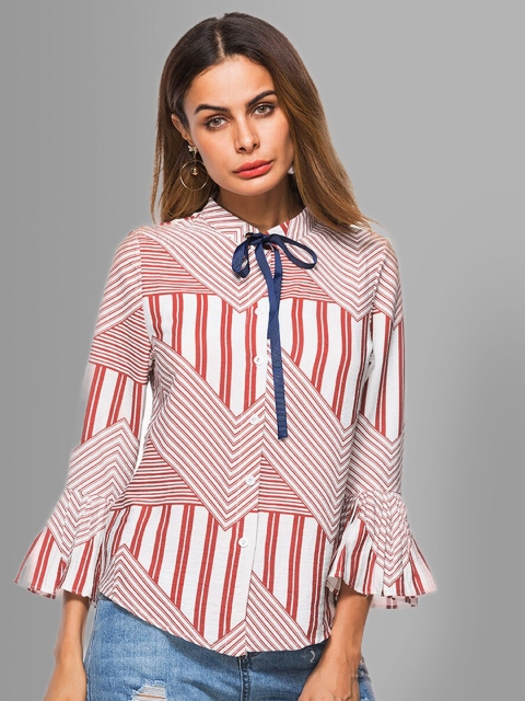 

JC Collection Women Red Striped Tie Up Neck Flared Sleeves Shirt Style Top