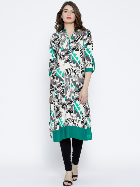 

Shree Women Off-White & Grey Printed Straight Kurta