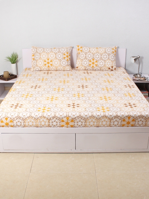 

House This Beige Printed 100% Cotton 144 TC Double Bedsheet with 2 Pillow Covers