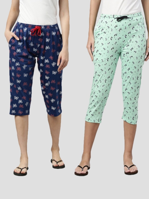 

Kryptic Women Navy Blue & Green Printed Cotton Capris
