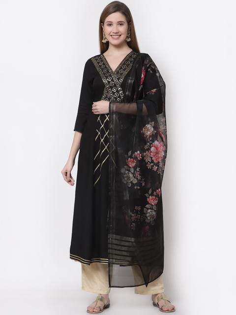 

Myshka Women Black Floral Printed Kurta with Dupatta