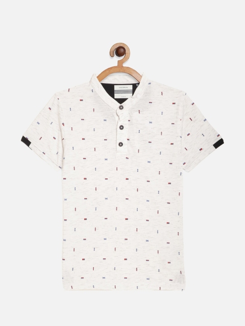 

Octave Boys White Printed Mandarin Collar Cotton T-shirt