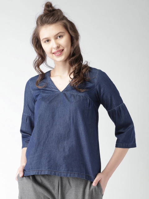 

Mast & Harbour Women Navy Solid Indigo Chambray Pure Cotton Top, Navy blue
