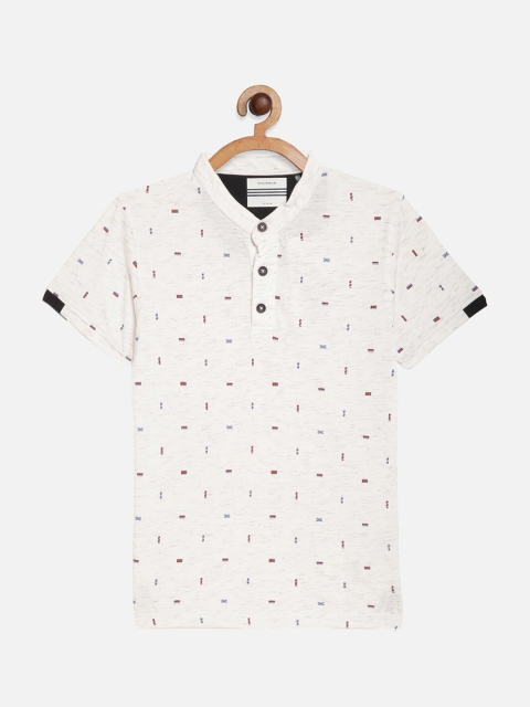 

Octave Boys White Printed Mandarin Collar Cotton T-shirt