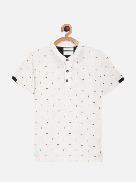 

Octave Boys White Printed Mandarin Collar Cotton T-shirt