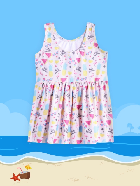 

Moms Love Girls Pink & Yellow Tropical Print UPF 40+ Swim Dress with Attached Shorts