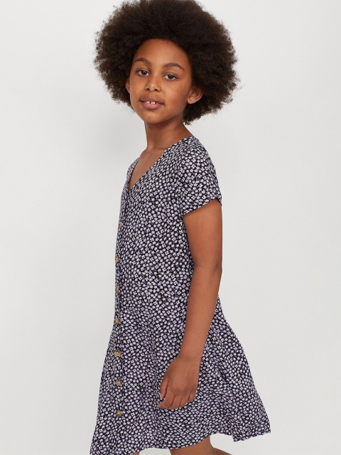 

H&M Girls Black & Purple Printed Button-Front Dress