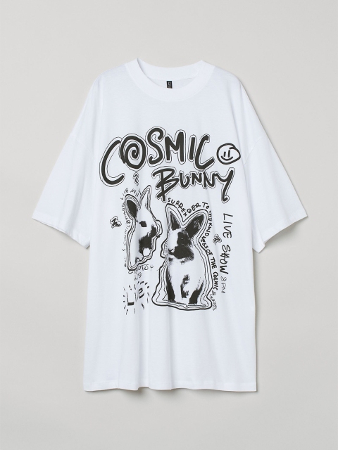

H&M Women White Printed Oversized Cotton T-shirt Dress