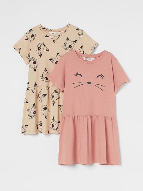 

H&M Girls Pink & Beige Printed 2-Pack Jersey Dresses