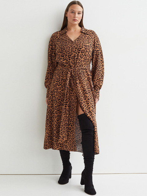 

H&M Women Brown Animal Skin Printed Tie-Belt Shirt Dress