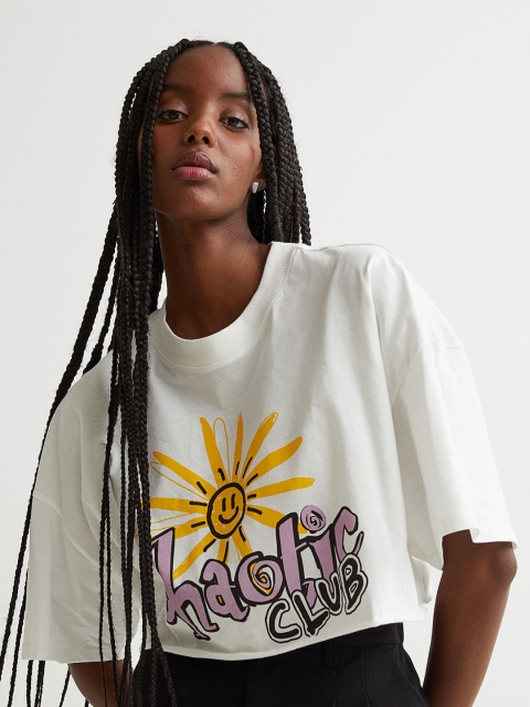 

H&M White Printed Cropped T-shirt