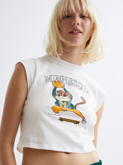 

H&M Women White Printed Cotton Short Jersey Top