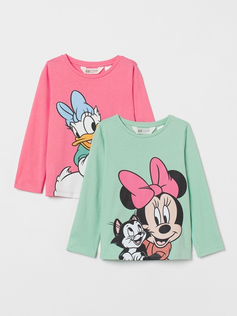 

H&M Girls Mint Green & Pink 2-Pack Mickey Mouse & Friends Cotton Printed Tops