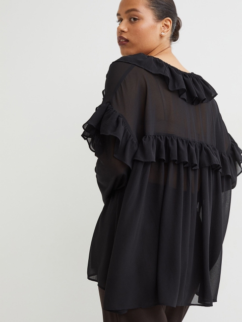 

H&M Women Black Flounce-Trimmed Chiffon Blouse