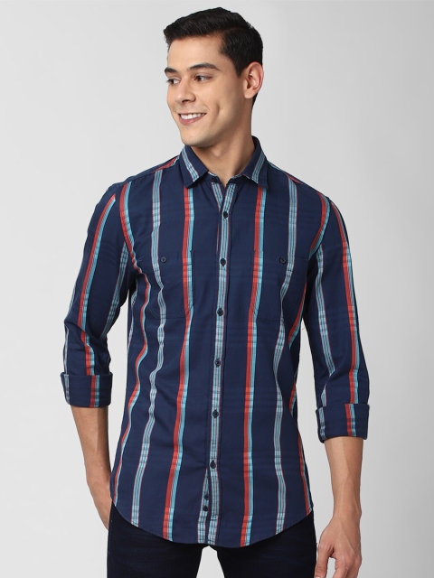 

Peter England Casuals Men Navy Blue Slim Fit Striped Pure Cotton Casual Shirt