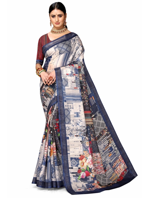 

Mitera Off-White & Navy Blue Abstract Printed Zari Art Silk Saree