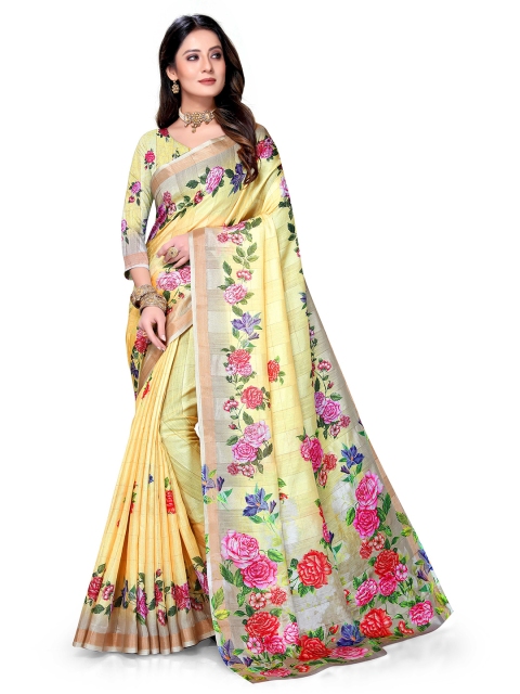 

Mitera Yellow & Multicoloured Floral Zari Art Silk Bagh Saree