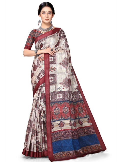 

Mitera Off White & Red Ajrakh Printed Zari Art Silk Saree