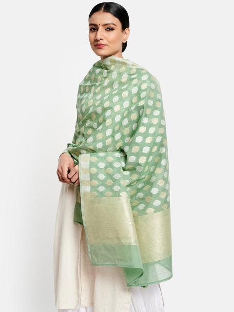 

Fabindia Green & Silver Ethnic Motifs Woven Design Cotton Silk Dupatta