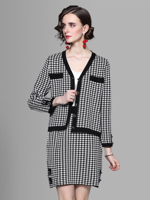 

JC Collection Women Black & White Checked Coat with Skirt Co-Ords Set